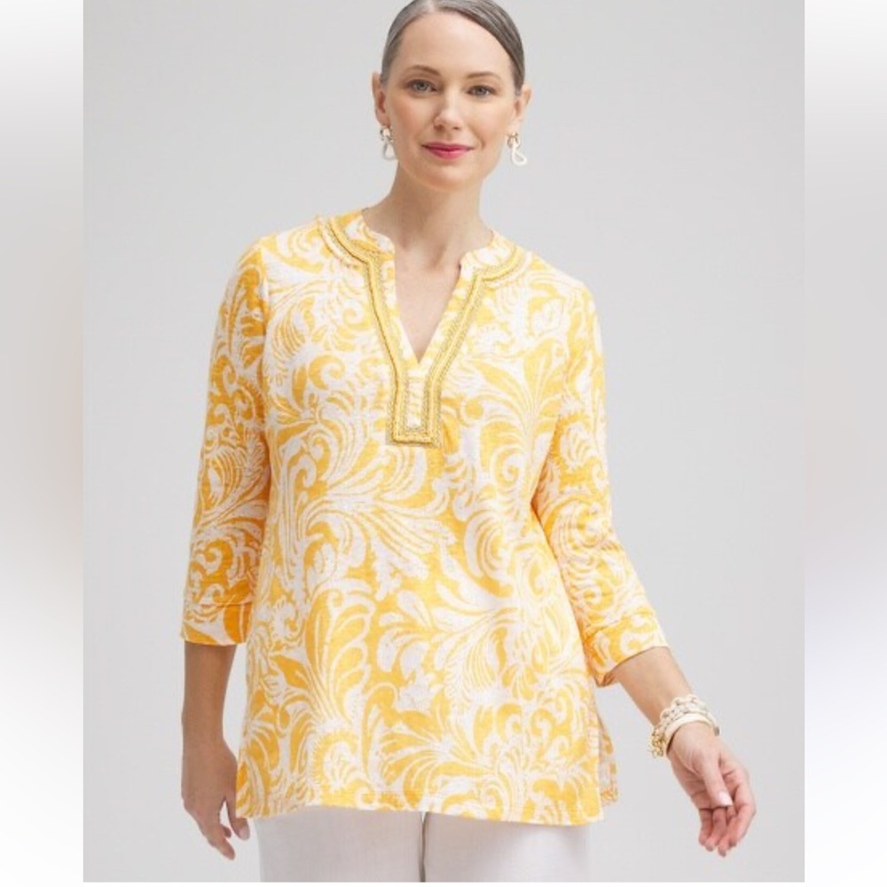 Chico’s Yellow & White Cotton/Silk Blend Boho Tunic. Size 2 (446 C)